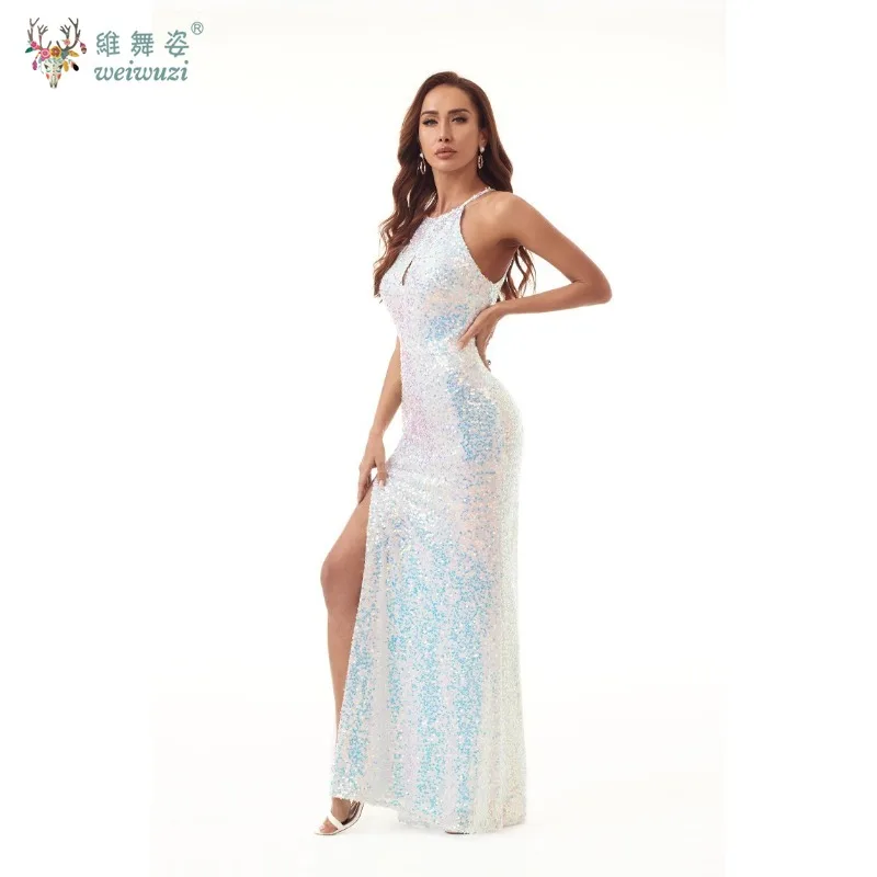Nieuwe Vintage Sexy Volwassen Vrouwen Sequin Hoge Vork Hollow Out Gown Retro Elegante Vissenstaart Rok Slanke Fancy Avondfeest Lange Jurk