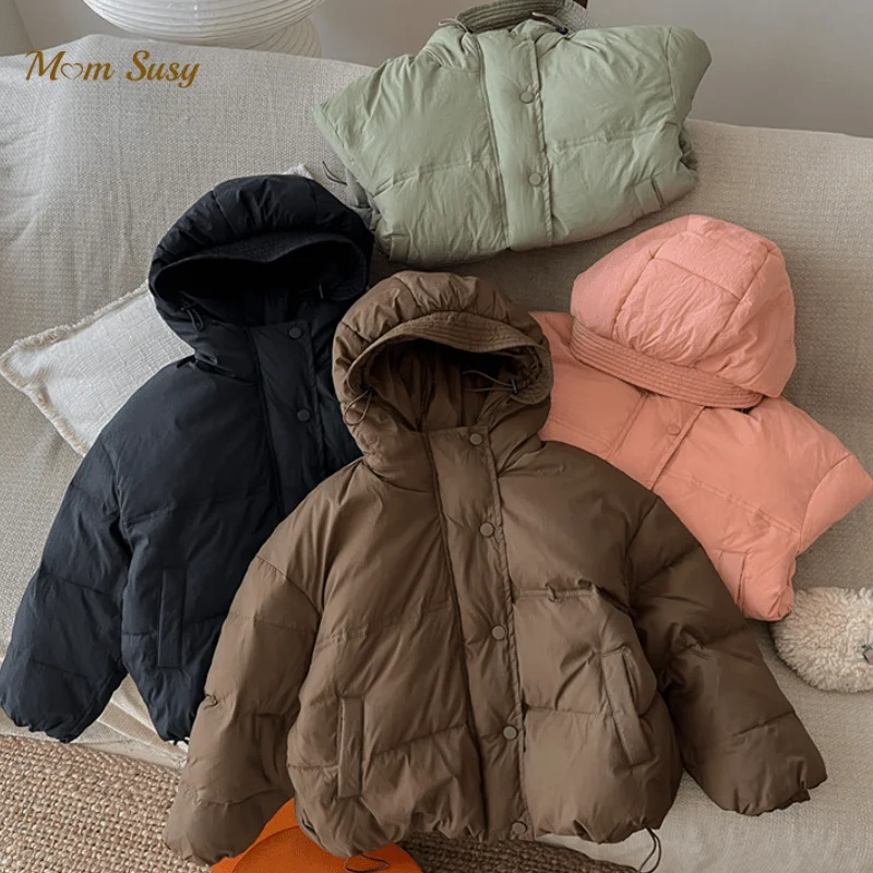 

Fashion Baby Girl Boy Duck Down Hooded Jacket Soild Color Child Winter Coat Warm Thick Outwear Long Sleeve Baby Clothes 2-12Y