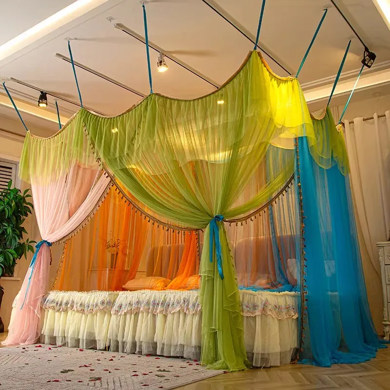 Commonly Used Romantic Mosquito Net No Bracket 4 Doors Canopy Bedroom Decoration Big Curtain for 2 Beds Easy Installation