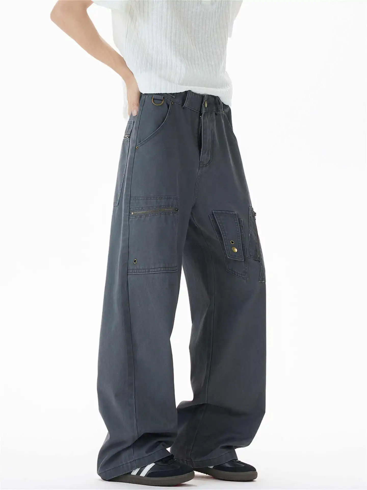 レディース グレー カーゴパンツ 原宿 オーバーサイズ ストレートパンツ 日本風 2000年代 スタイル Y2K ヴィンテージ エモ ボーイフレンドスタイル トラウザーズ 服