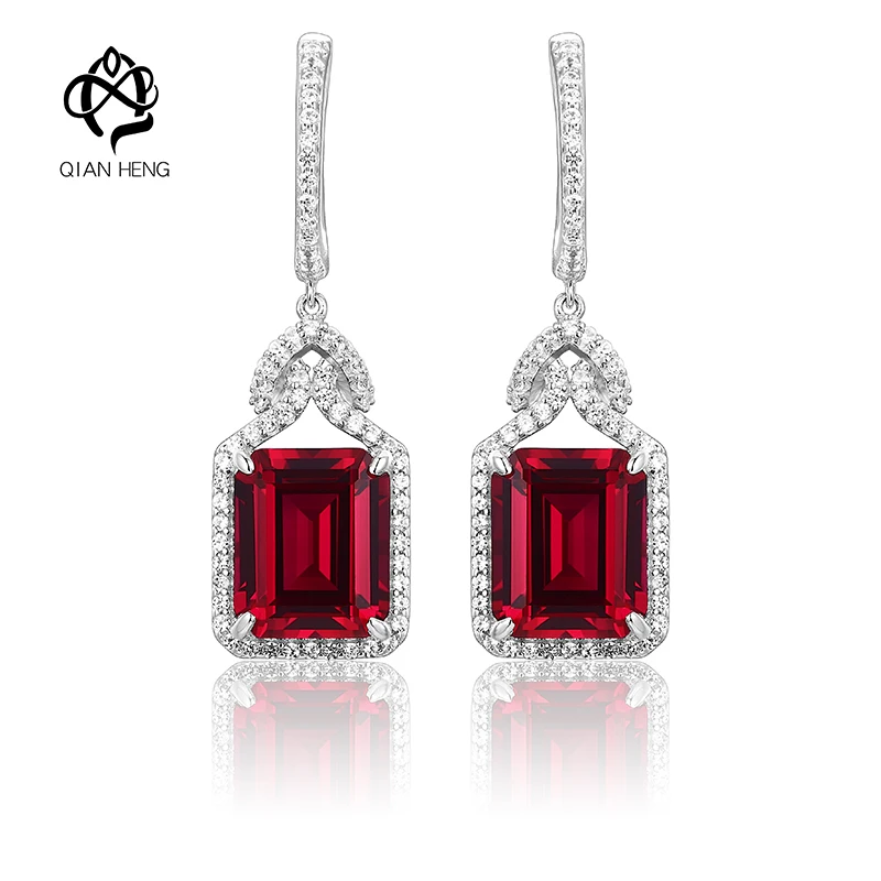 

Qian Heng Synthetic Ruby Vintage Earring S925 Sliver Emerald Shape Gems Stone Earrings Classic Design Engagement For Women Gift