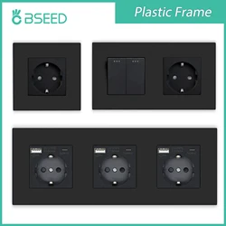 BSEED Light Switch EU Wall Sockets Home Wall Switches 1/2/3Gang 1Way Plastic Frame Panel USB Type-c Phone Charge Wall Sockets