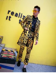 XS-6XL Men Long Casual Slim Fit Letter Printed Suit Coat+Pants 2pcs Set Nightclub Hip Hop Male Singer Stage Concert Costume Outf