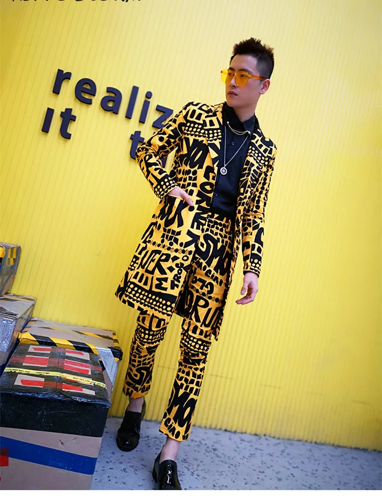 XS-6XL Men Long Casual Slim Fit Letter Printed Suit Coat+Pants 2pcs Set Nightclub Hip Hop Male Singer Stage Concert Costume Outf