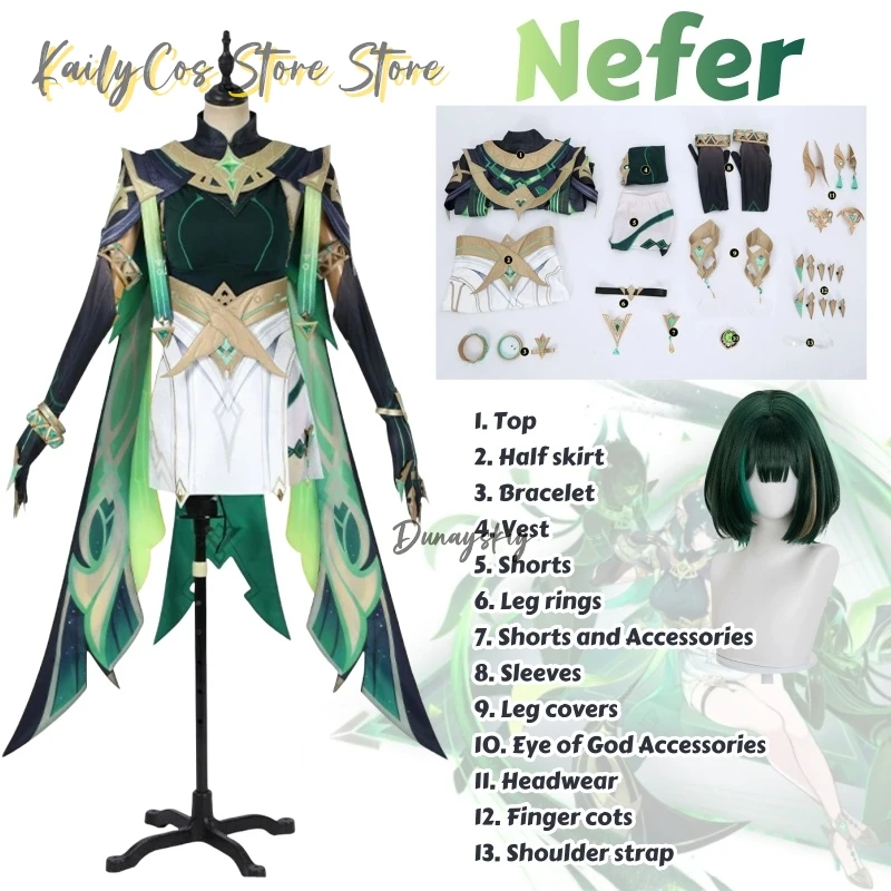 أزياء Game Genshin Impact Nefer التأثيرية، فستان شعر مستعار، مجموعة بدلة موحدة، أغطية الرأس، دعائم حفلات الهالوين للنساء والفتيات