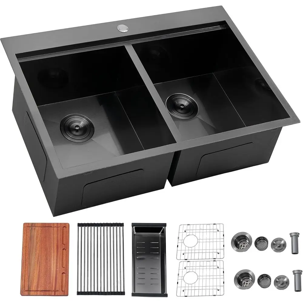 

Кухонная мойка с двумя чашами 33x22 дюйма, черная, из нержавеющей стали, встраиваемая, с двойной чашей, Topmonut 50/50, для рабочей зоны