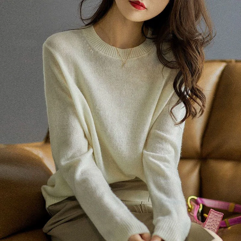 New Autumn Fashion Korean Edition Lazy Solid Color Round Neck Sweater Loose and Versatile Western Style Slimming Knitted Top