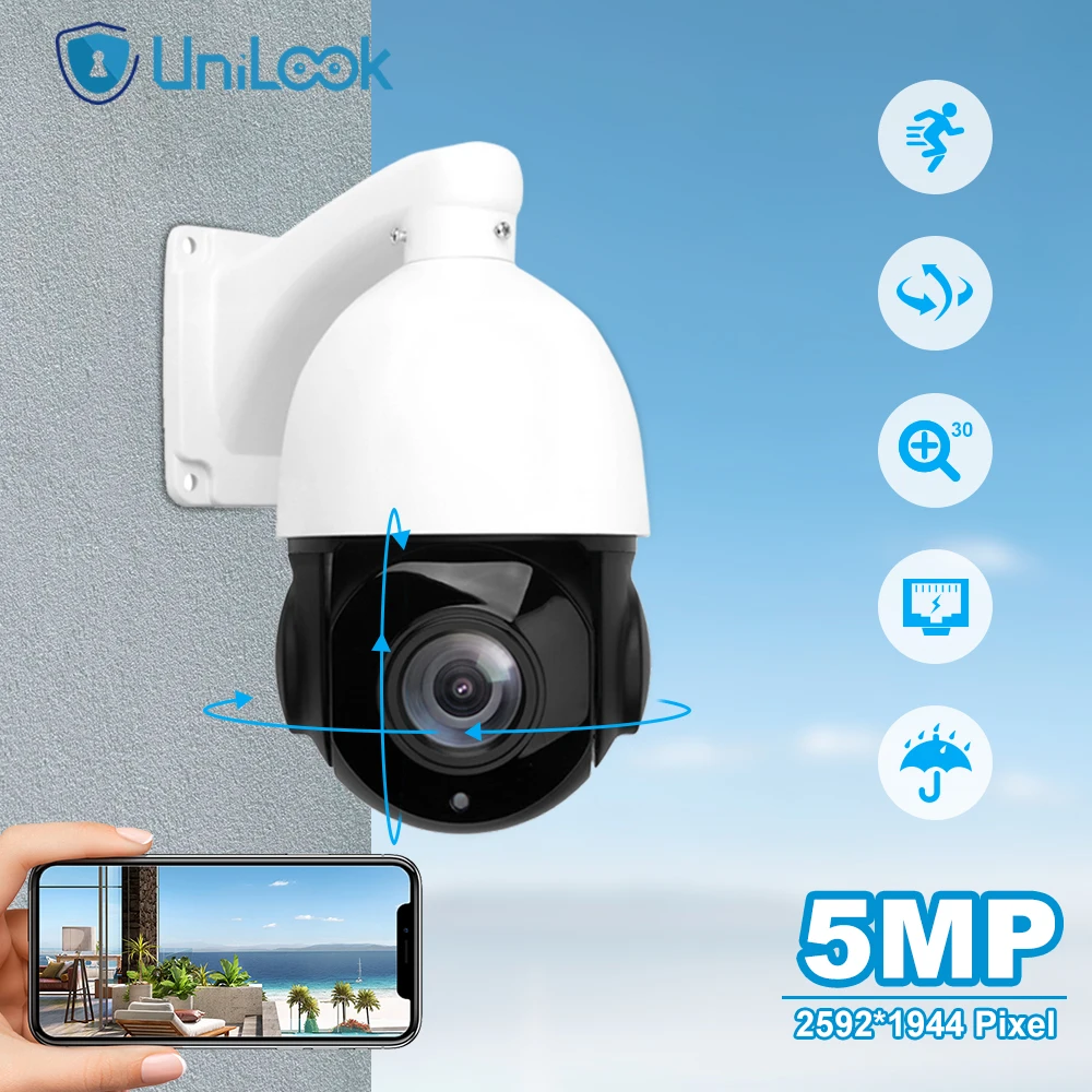 Unilook-cámara IP PTZ POE de alta velocidad para exteriores, videocámara de seguridad CCTV, H.265, 5MP, 30X ZOOM, IP66, impermeable, IR, 60M