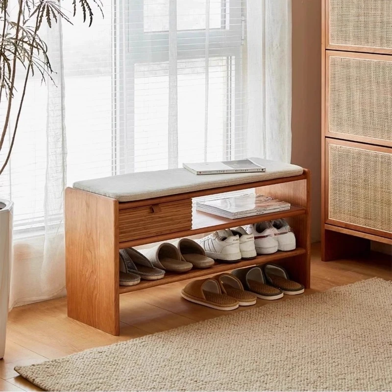 Light Luxury Shoe Cabinets All-cherry Wood Entrance Foyer Shoe Cabinets Shelf Cushion Package Mueble Organizador Home Furniture