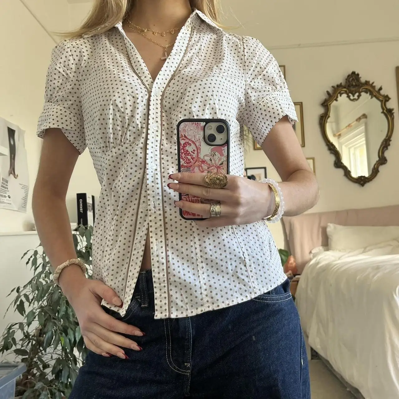 Dourbesty ريترو عادية كم قصير قمصان مربعة النقش للنساء Kawaii زر رفض طوق الصيف Preppy النقاط طباعة تيز القمم