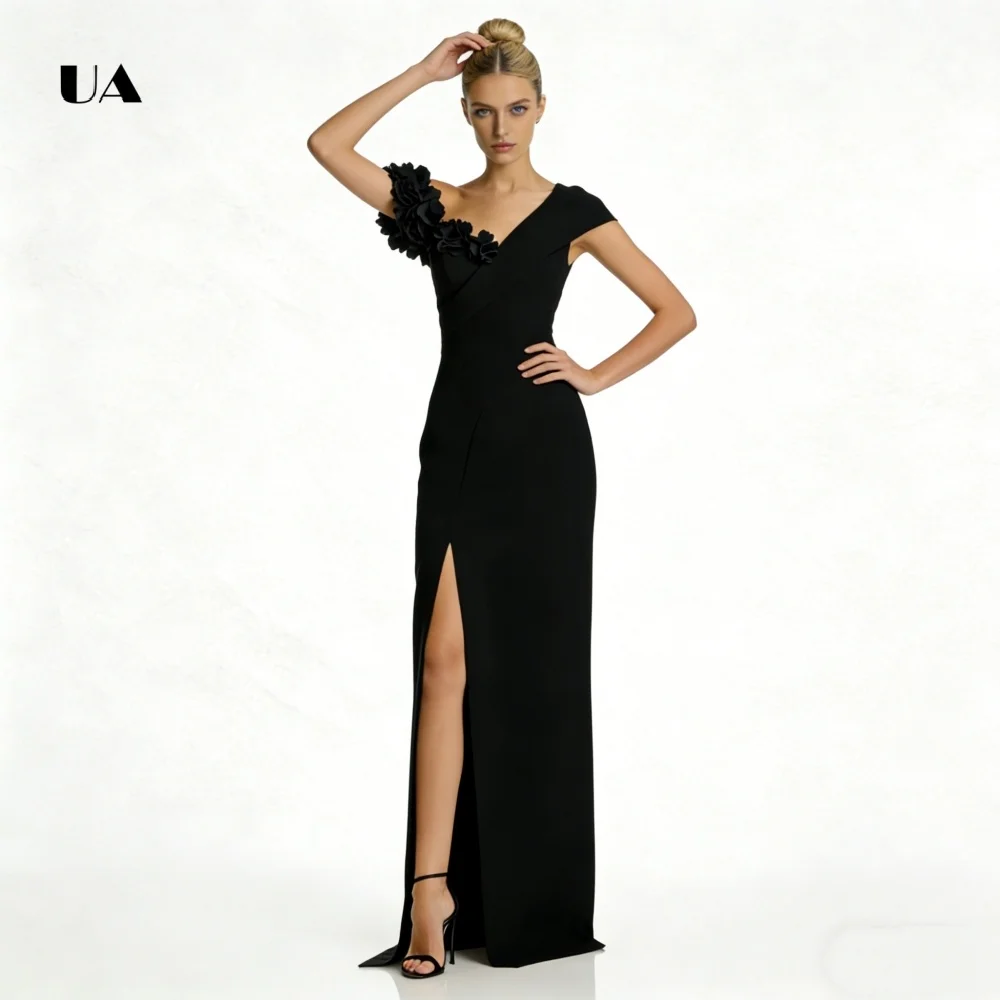 فستان حفلة موسيقية أنيق مستقيم من ULBYANRY مع ياقة غير متماثلة مزين بالزهور الصلبة ثلاثية الأبعاد فستان سهرة بفتحة مخصصة للحفلات