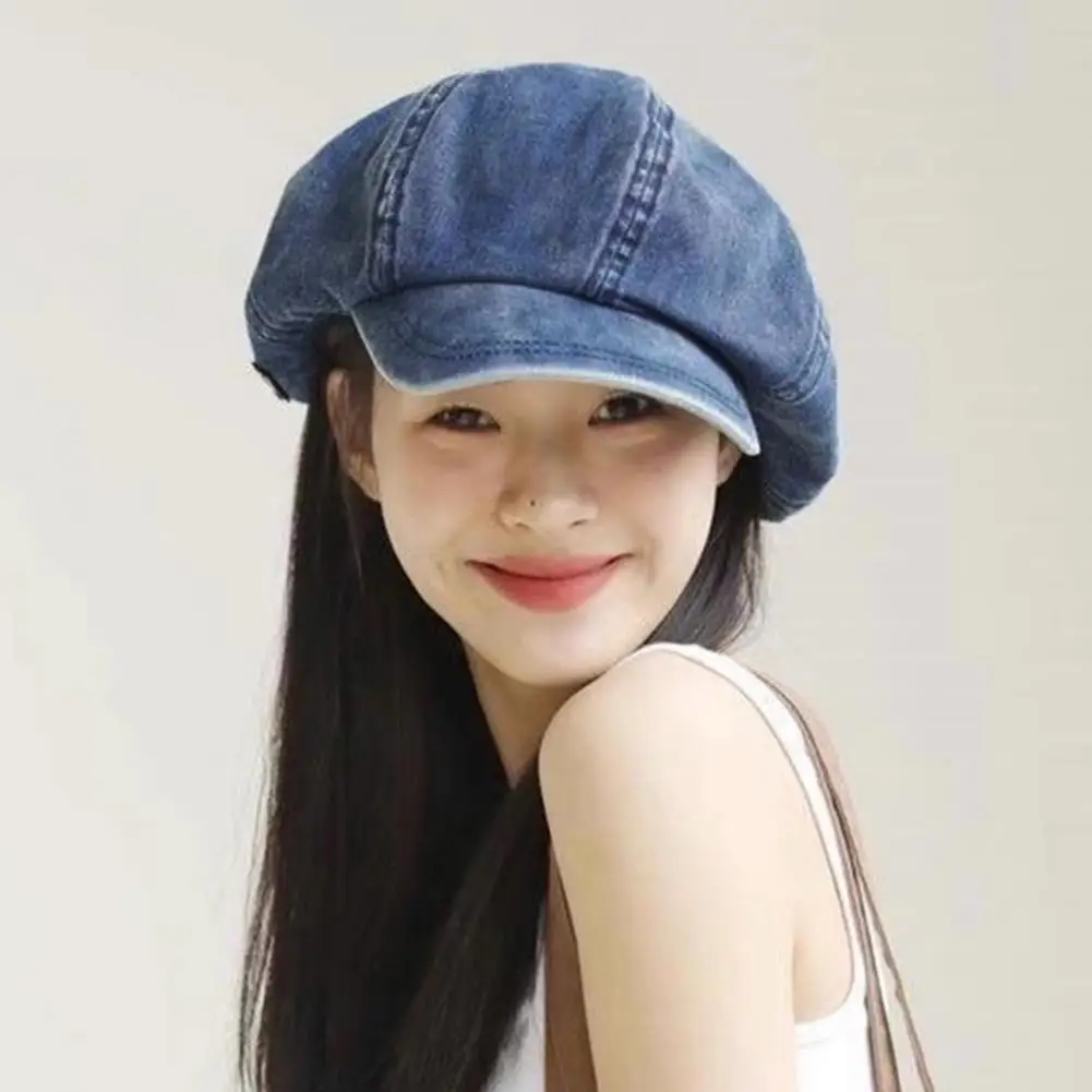 NEW Autumn hats for women Washed denim fabric octagonal hat 2023 fashionable and versatile artistic painter hat newsboy cap