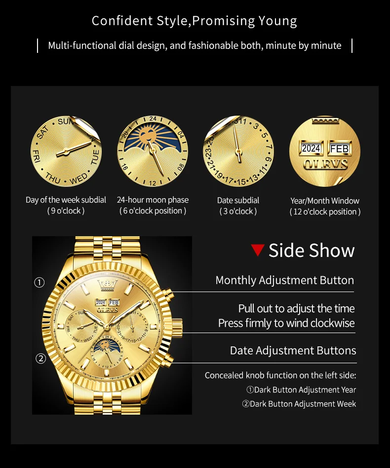 OLEVS New In Automatic Watch for Men TOP Brand Moon Phase Week Business Dress Luminous Stainless steel Waterproof Wristwatch Men