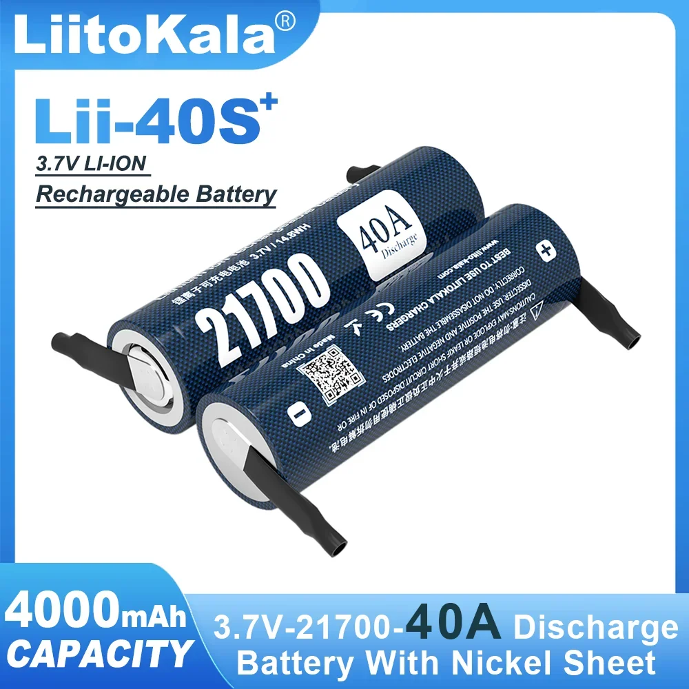 Liitokala Lii-40S + DIY Nicke 손전등용 21700 전동 공구, 대용량 100% 오리지널 리튬 배터리, 3.7V, 4000mAh