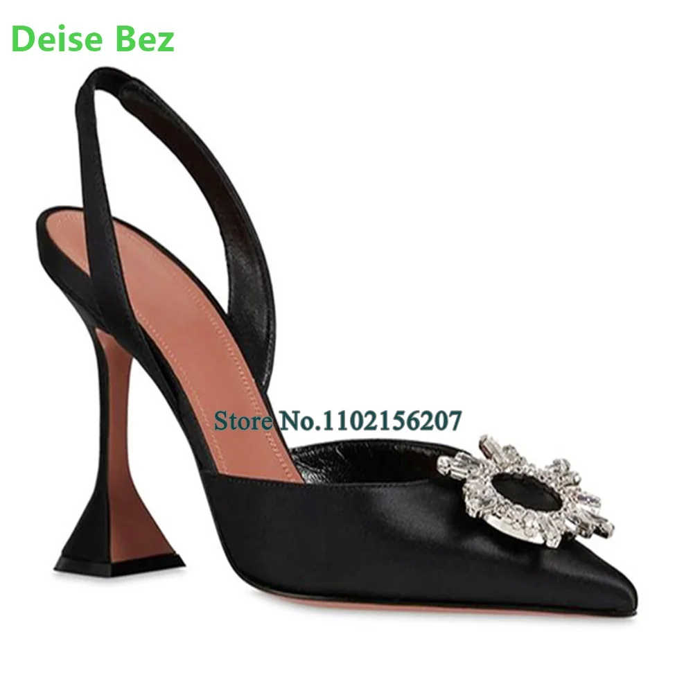 Slik And Satin Fabric Crystal Circle Pumps For Female Women Luxury Pointed Toe Slingback Back Strap Solid Shallow Fashion Shoes