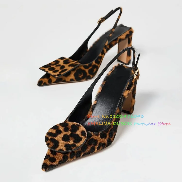 

Brown Leopard Print Furry Pointed Toe Block Heel Slingback Pumps Women Luxury Brand Buckle Strap High Heel Spring Shoes