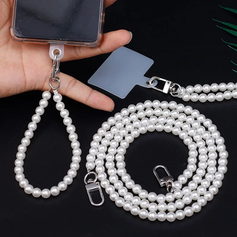Multifunctional Pearl Phone Lanyard Crossbody Chain Strap Replacement Cellphone Wrist Straps Necklace Charm Chain with Patches