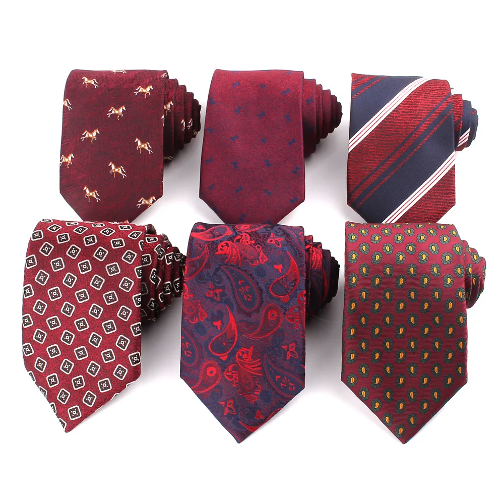 Classic Wine Red Tie for Men Burgundy Color Pattern Woven Jacquard Groomsman Floral Neckties For Wedding Business Party