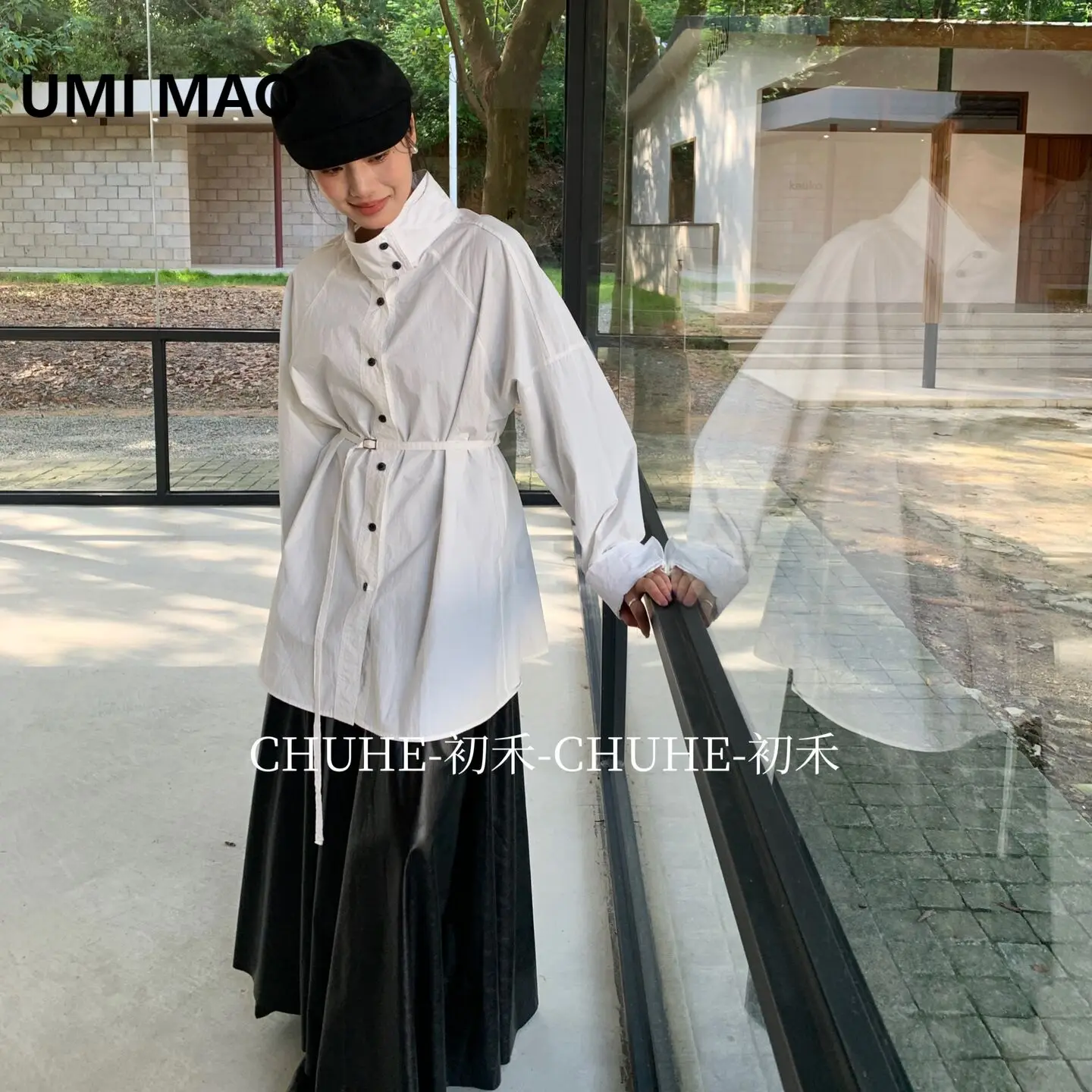 UMI MAO White Trench Coat For Women With Unique Design Bell Sleeves Ruffled Mid-Length Stand Collar Fashionable Shirt Femme
