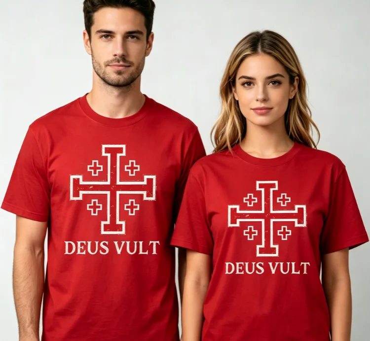 2026 New Neutral style black round-neck with Jerusalem cross retro distressed red patterned front print cotton fabric T-shirt
