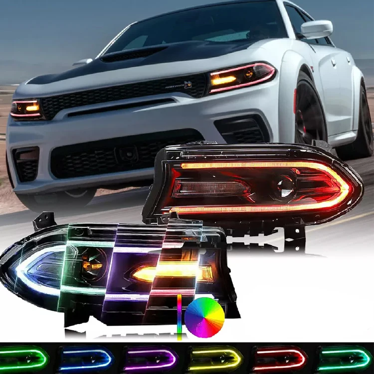 Pair LED DRL RGB Projector Halo Headlights for Dodge Charger 2015-2021