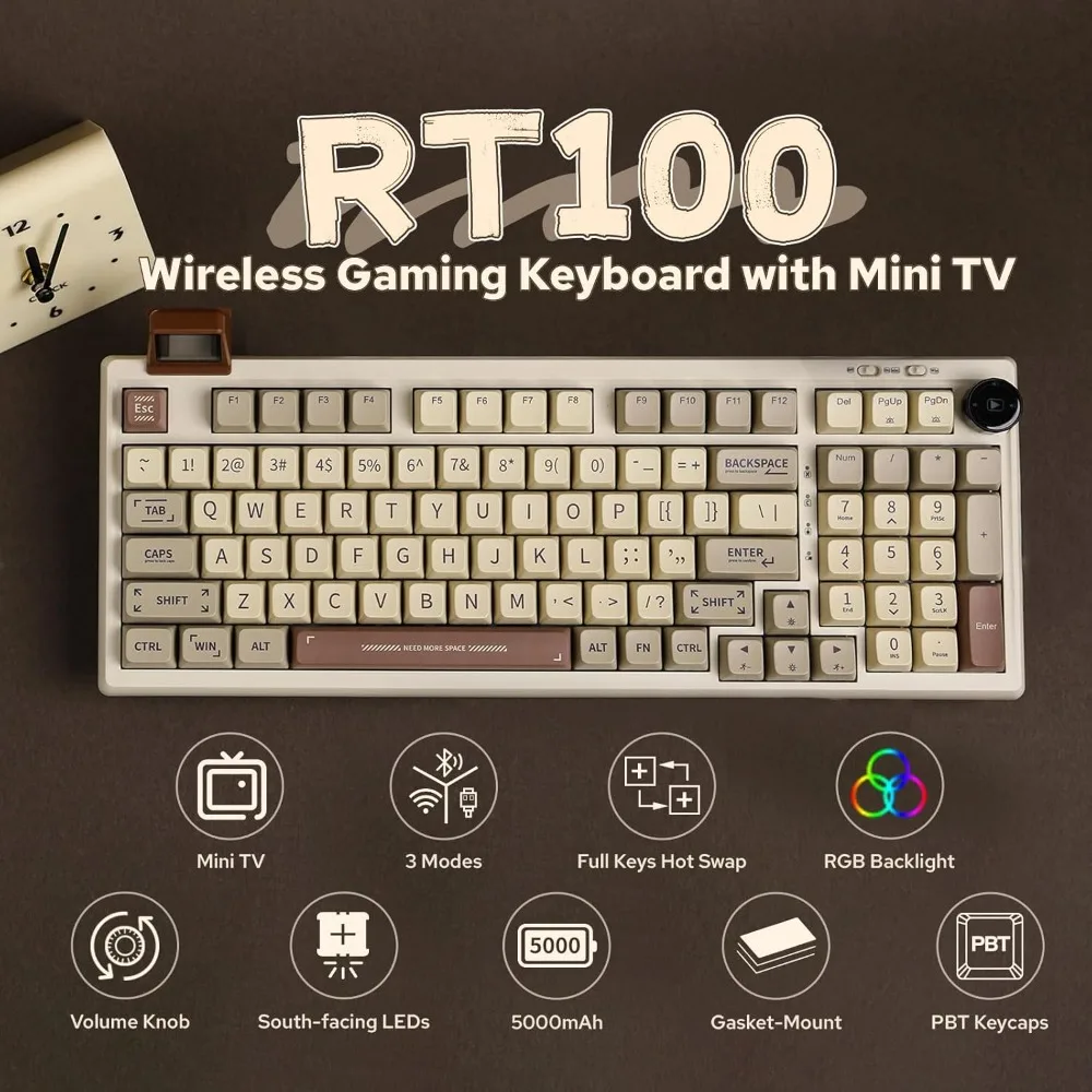

Retro Gaming Keyboard with Display Screen, BT5.0/2.4G/USB-C, 97 Keys Gasket Custom Keyboard, Hot Swappable