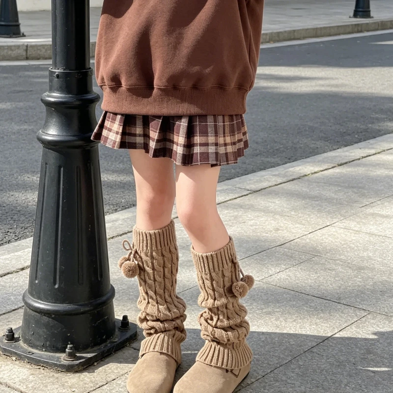 Cute Dangling Pom Pom Decor Leg Warmers for Girls 2-12 Years Old Cable Knit Slouchy Style Cozy Warm Winter Wear Kids Boot Cuffs