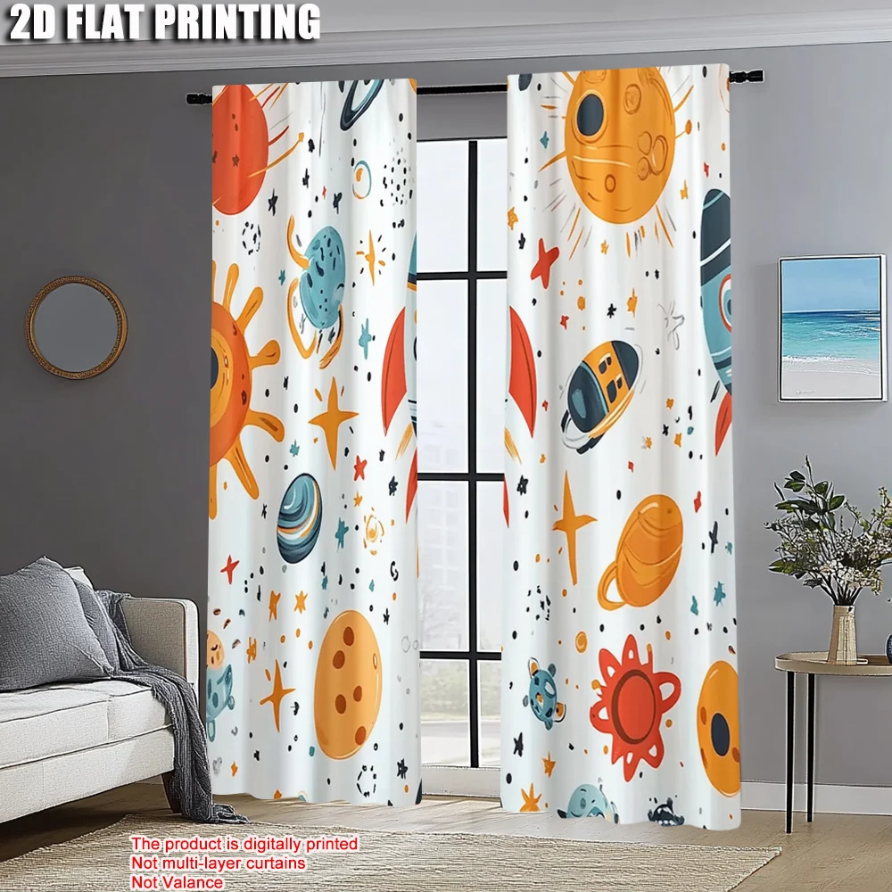 2pcs, Curtain Popular 2D plane printing Cartoon spaceship Rocket Versatile Fabric (without rod) Festive Perfect for Living Room