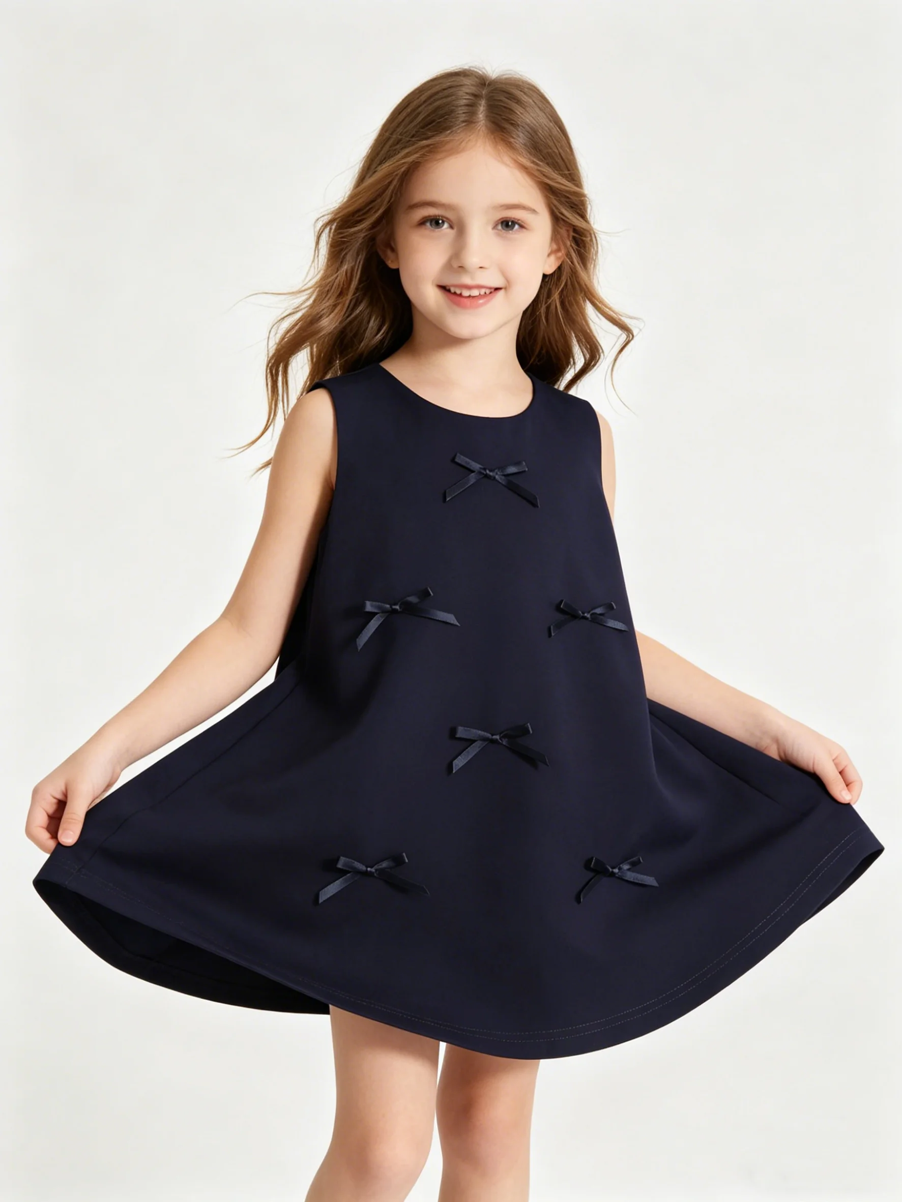 Navy Blue Autumn New Casual Girls' Clothes Round Neck Sleeveless Bow Lace Vest Princess Dress for Girls Aged 3-9 Korean Version