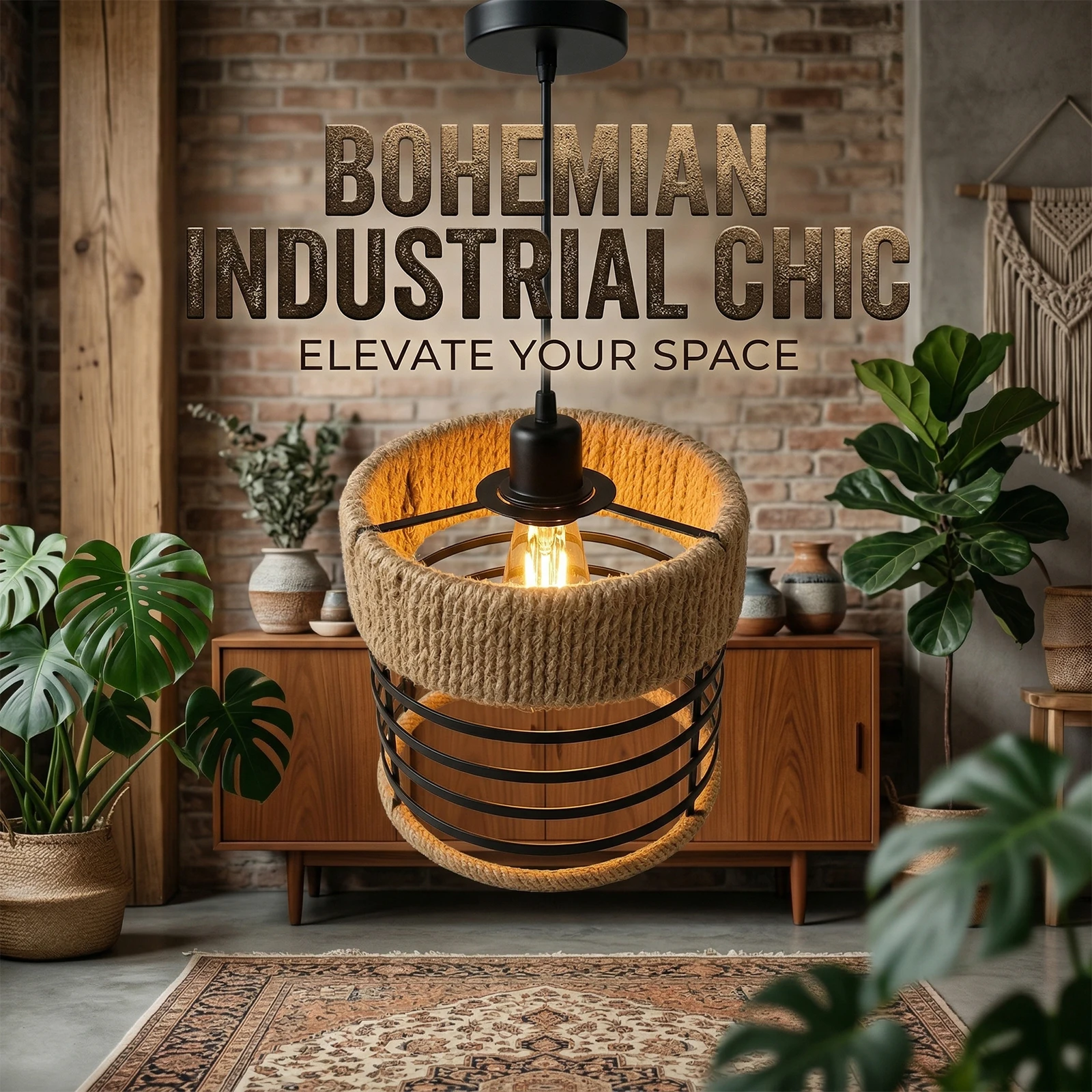 Industrial Boho 16.5x16.5cm Jute Rope Woven Lampshade with Black Metal Ring Frame Cylinder Pendant Light Cover for Farmhouse Dec
