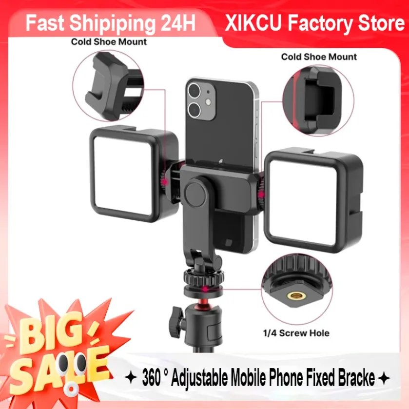 XIKCU 360 °   Soporte Ajustable de Doble Cabezal para Teléfonos Móviles y Cámaras SLR/Mirrorless (Tipo Cold Boot/Hot Boot)