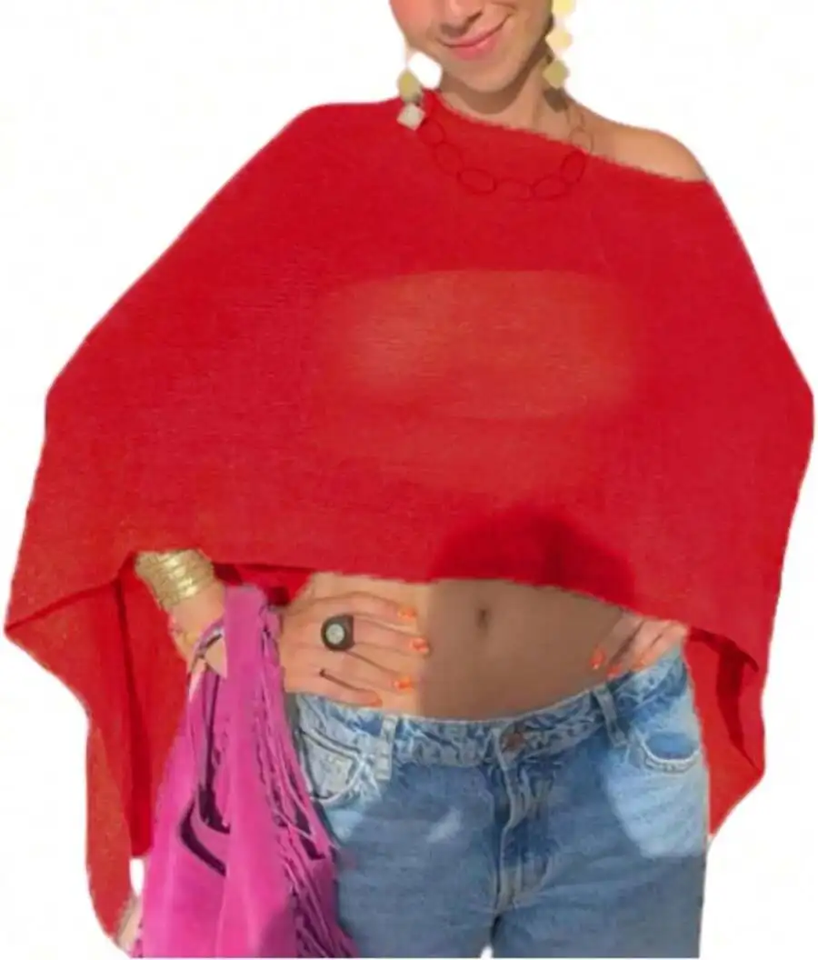 

Women Sheer Knit Poncho Top Lightweight Batwing Sleeve Shrug Cover Up Beachwear