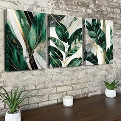 Jade green wall art, tropical plant diamond painting cross stitch, plant leaf mosaic wall decoration, 3 pcs bathroom living room