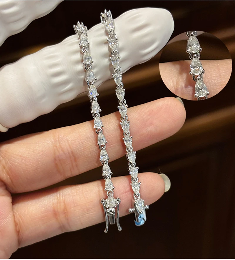 

S925 Sterling Silver Moissanite Set Waterdrop Shape Link Chain Bracelets Women Men Hip Hop Bling Ice Out Rapper Jewelry