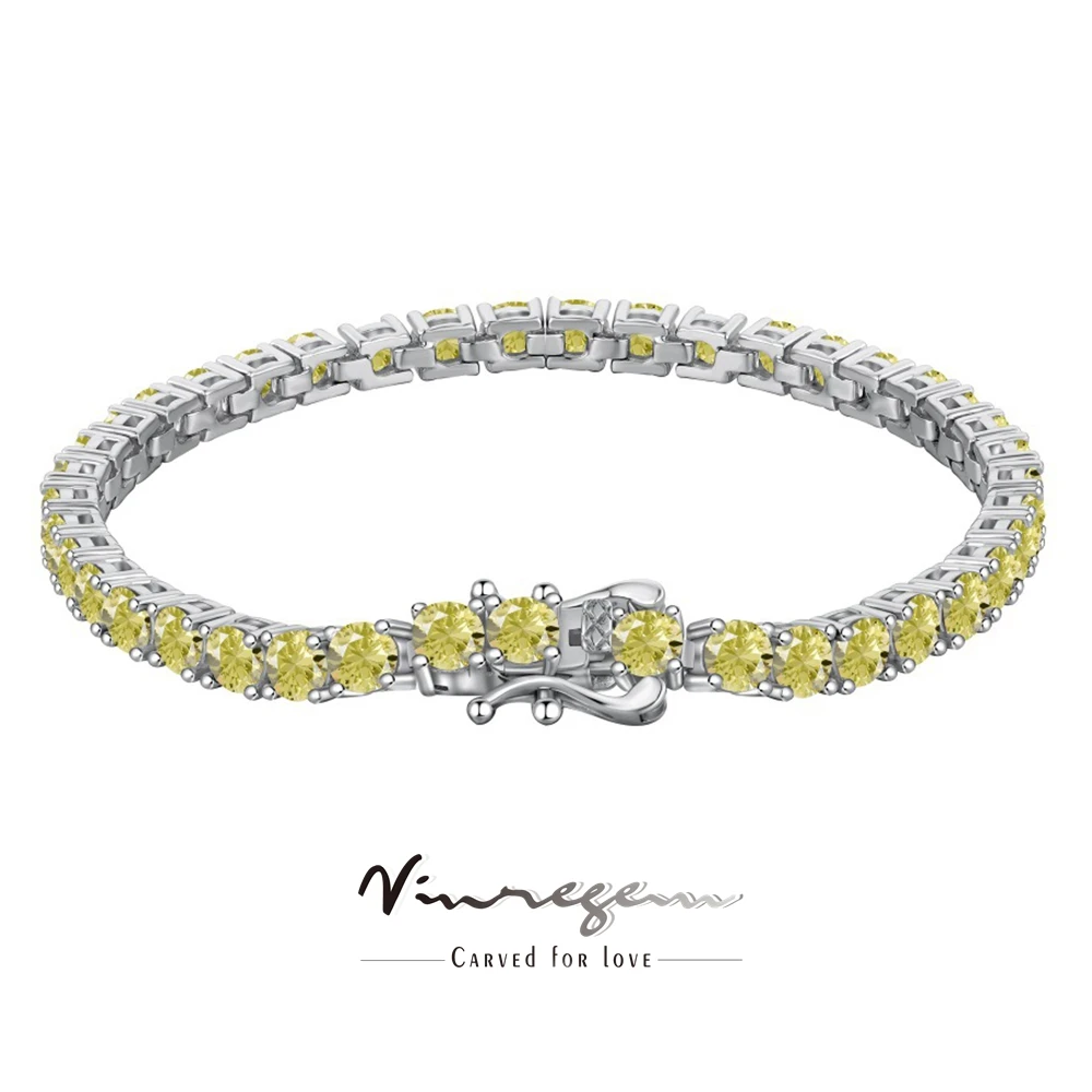 

Vinregem 4MM Round Cut Citrine Gemstone Tennis Chain Bracelets for Women 100% 925 Sterling Silver Jewelry Gifts Free Shipping