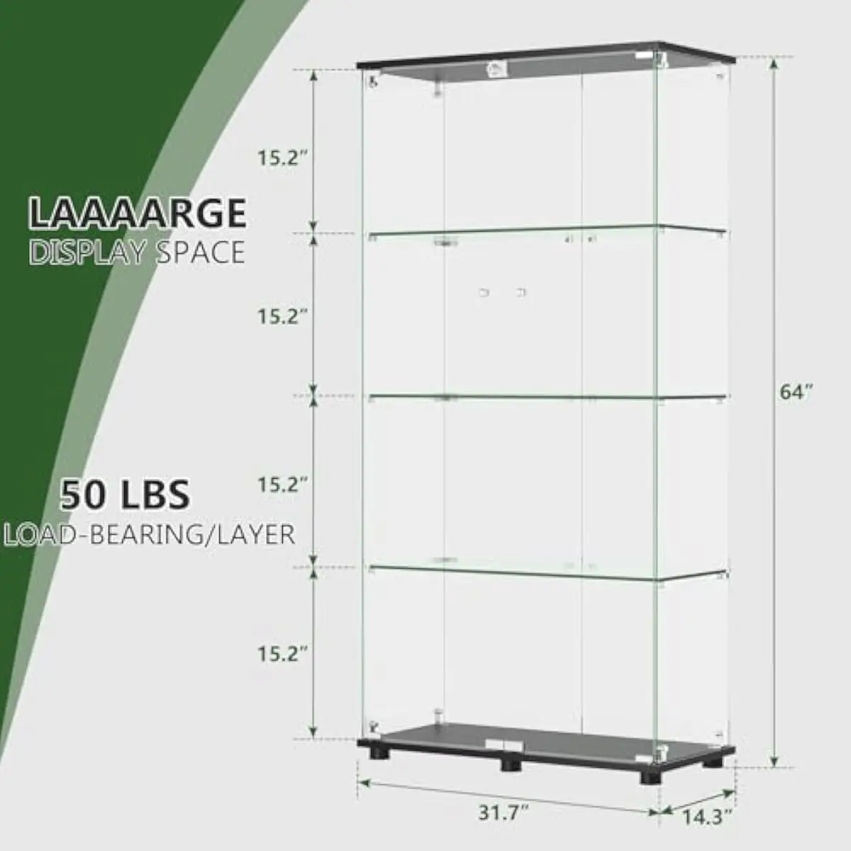 Tempered Glass Display Cabinet Featuring Four Adjustable Shelves Double Locking Doors 5mm Thick Panels Spacious Interior 64 Inch