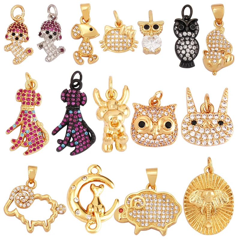 Unique Fine Animal Pet Dog Moon Cat Owl Fox Sheep Goat Charm Pendant,Cute 18K Gold Necklace Bracelet for Jewelry Supplies N31