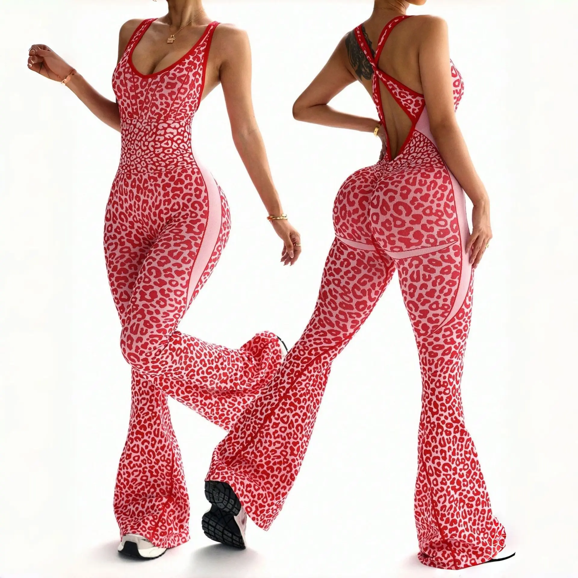 Gym Yoga Suit Seamless Sexy Leopard Print Jumpsuit Flared Pants Cross Back Sexy Jumpsuit Yoga Pants Women One-Piece Jumpsuit