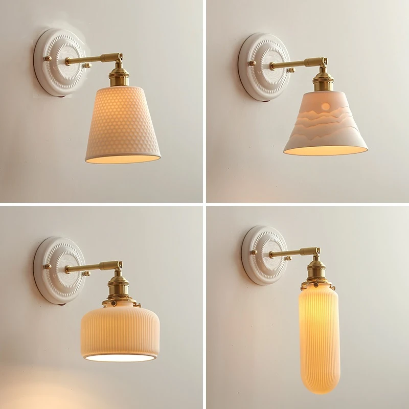 IWHD Nordic Modern LED Wall Light Fixtures Ceramic Lampshade Knob Switch Bedroom Bathroom Mirror Japanese Style Wall Sconce