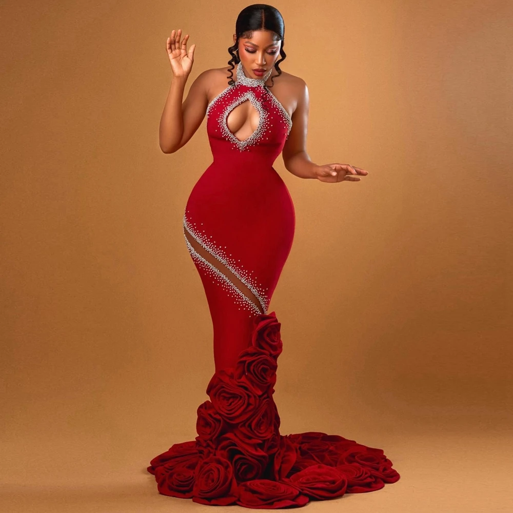 Chic ดอกไม้ซาตินแอฟริกาพรหม Gowns Charming Halter คริสตัลดอกไม้ชุดราตรีแขนกุด Aso Ebi คนดังประกวดชุด