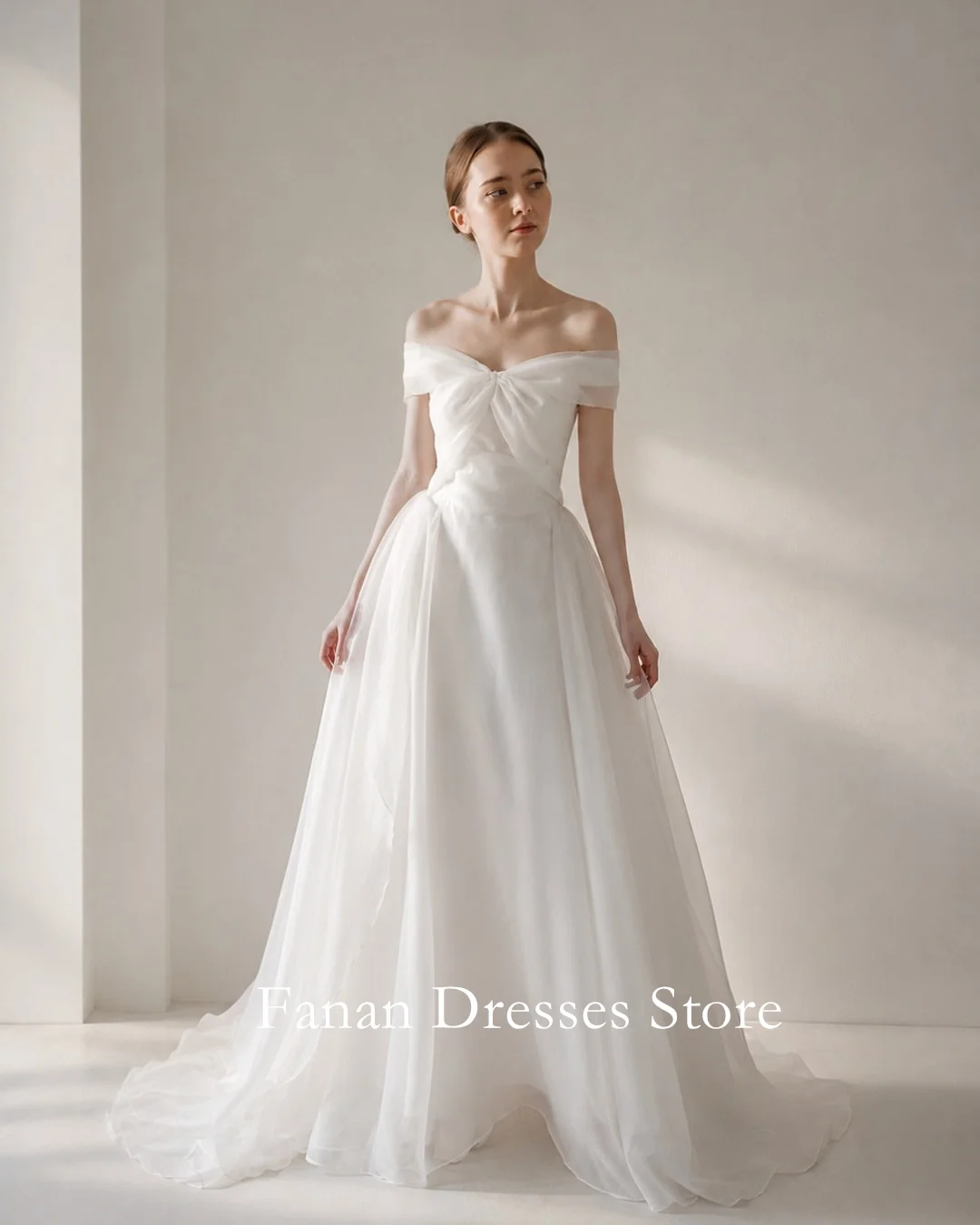 Korean Off Shoulder Twist Knot Bodice Tulle Wedding Dress Fitted Waist Flowy A-Line Skirt Sweep Train Minimalist French Bridal