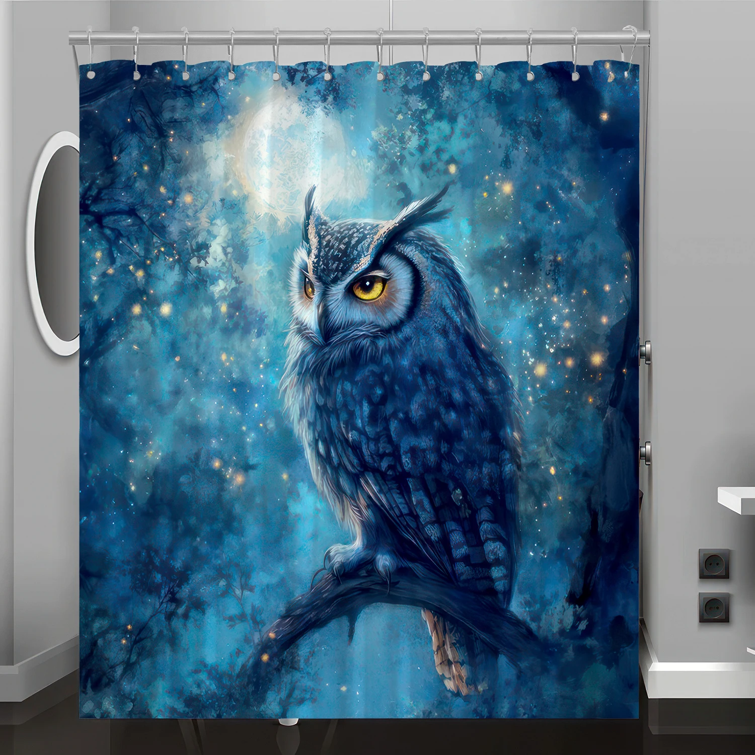 Owl motif digital print shower curtain