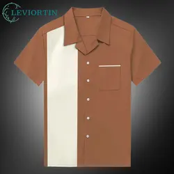 Casual Men's Short Sleeved Shirt With Pocket High Quality Fashion Patchwork Rockabilly Style Male Blouse Bowling Dress Shirts