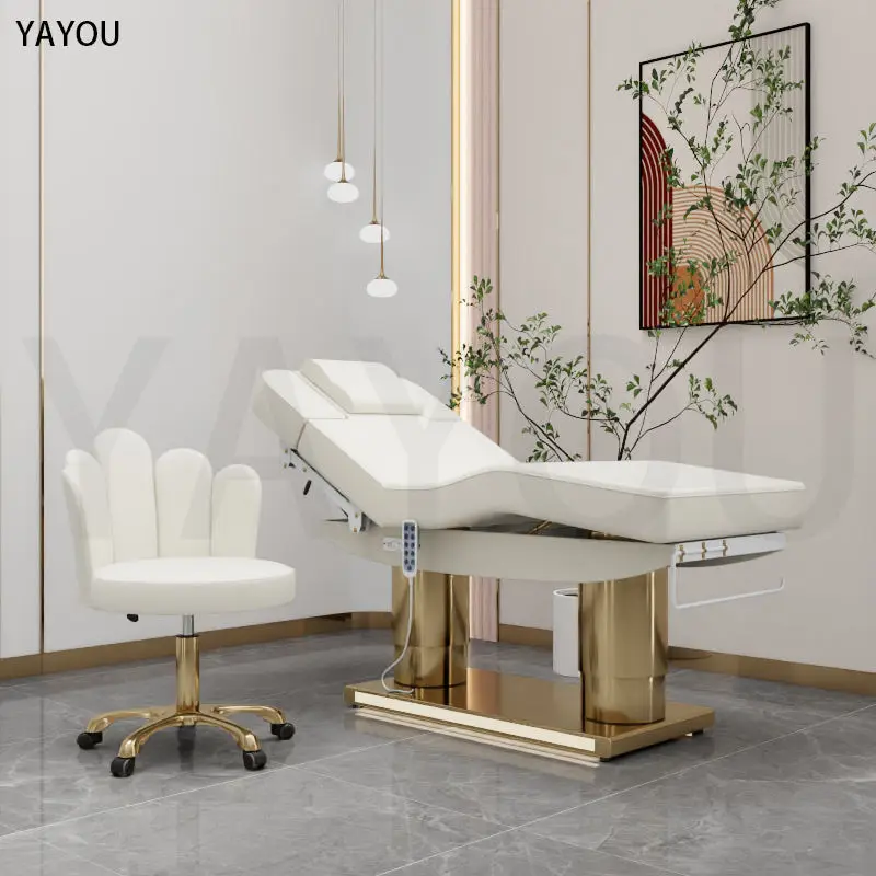 

Luxury 4 Motor Electric Facial Bed White Leather Double Cylinder Stainless Steel Base