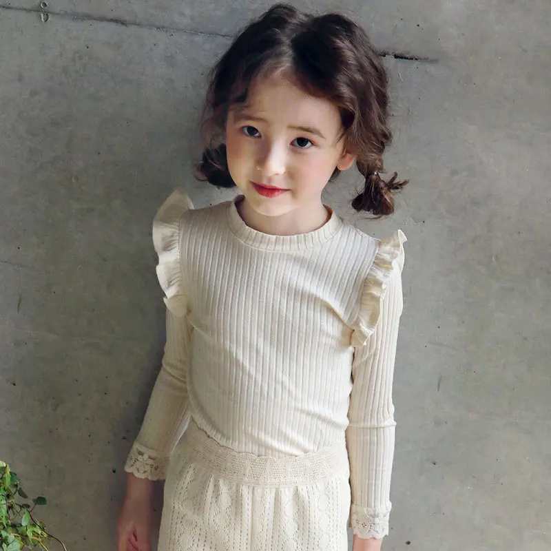 Children Clothing Kids 2024 Spring Autumn T-shirt Korean Style Girls Lace Long Sleeve Solid Color Casual Simple T Shirt Top