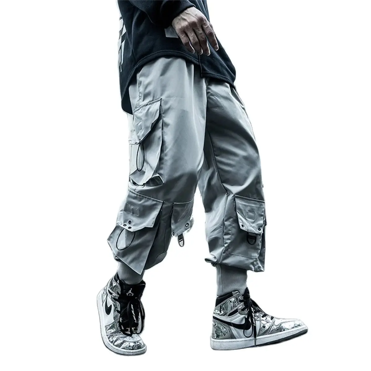 Men Black Cool Cargo Pants Pockets Gray Loose Out Door Elasticity Sports Oversize Kpop High Street Korean Pants Streetwear