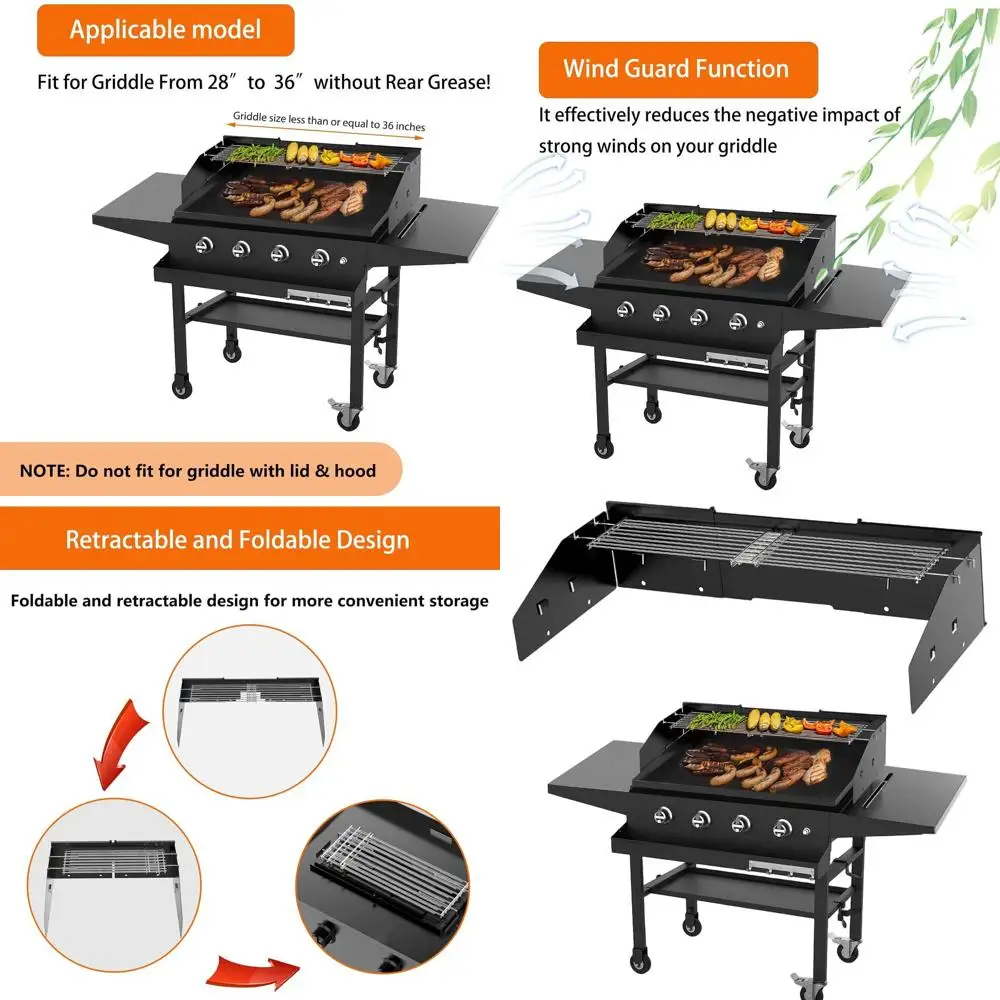 

Adjustable Wind Guard & Warming Rack for 28-36 Griddles - Includes Front Grease, Wind Screen, and Cooking Grid