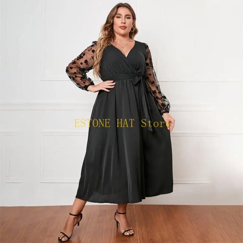 49MF Abito midi fluido da donna sexy in rete trasparente a maniche lunghe con scollo a V increspato e allacciatura laterale in