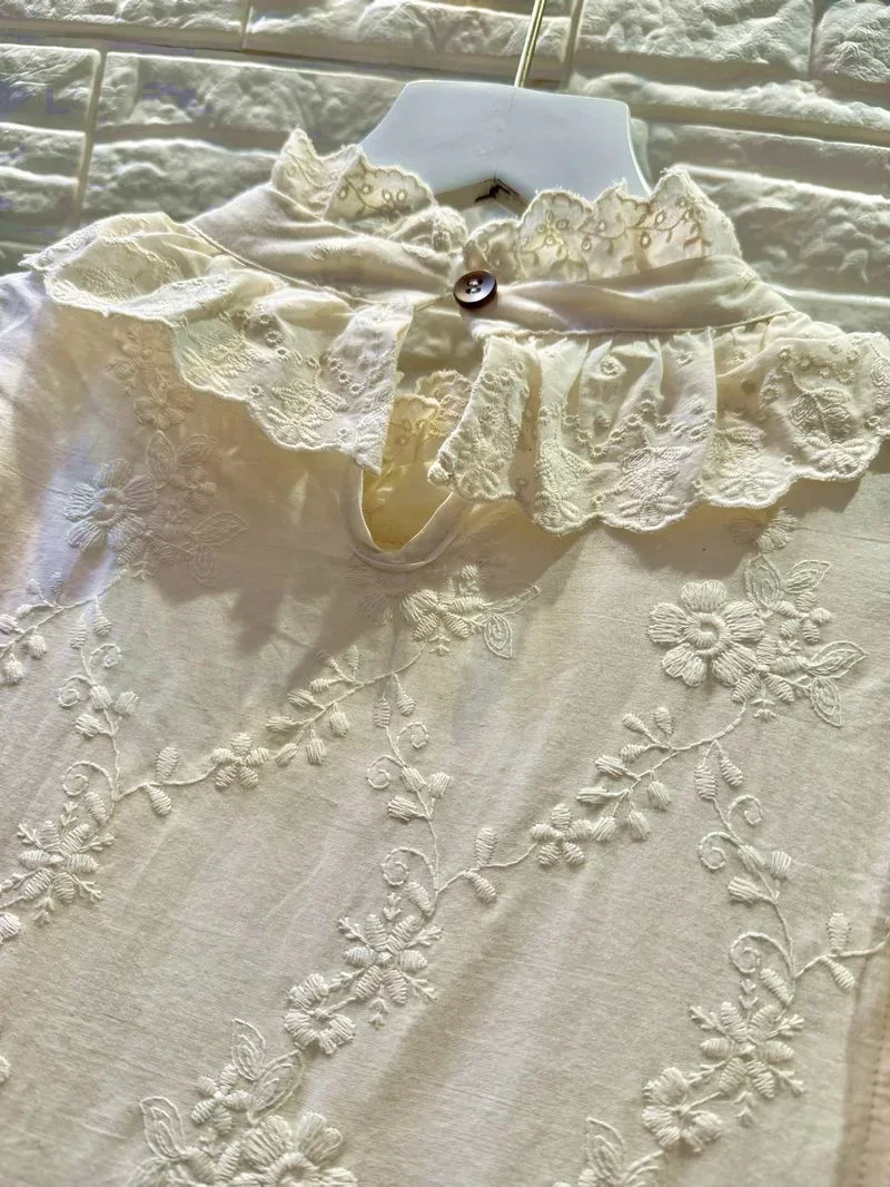 Vintage Rococo Victorian Ruffled Lace Floral Long Midi Dress Summer Retro Cotton Linen Mori Girl Cottagecore White Tunic Dress