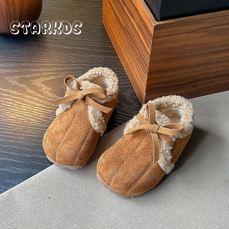 Thick Plush Pumpkin Loafers Kids Girls Winter Warm Fur Big Toe Bowknot Flat Shoes Baby Child Lace-up Soft Sole Cotton Zapatos